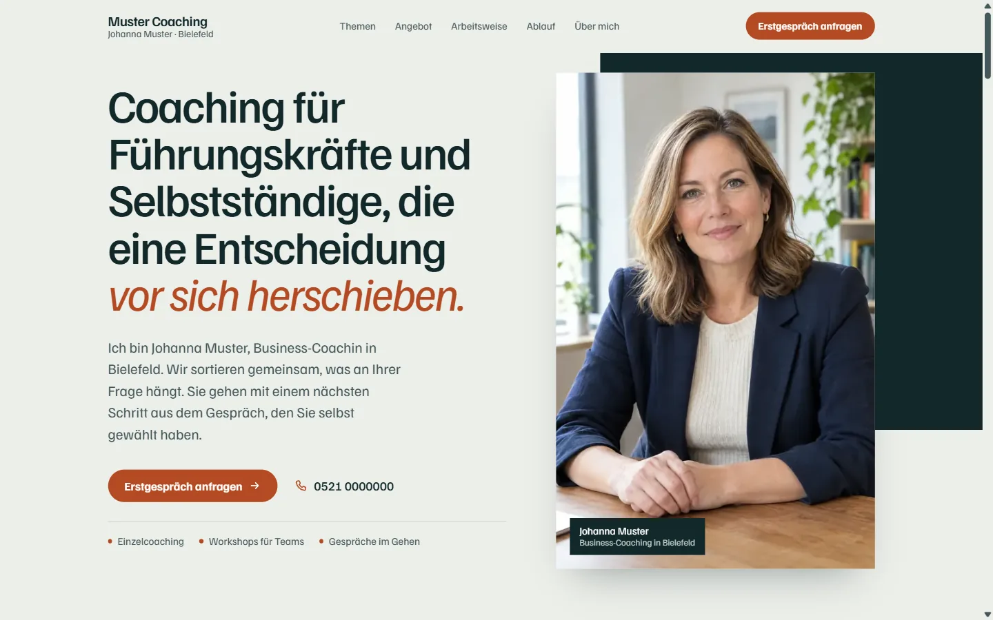 Startseite des Beispiel-Entwurfs für Muster Coaching