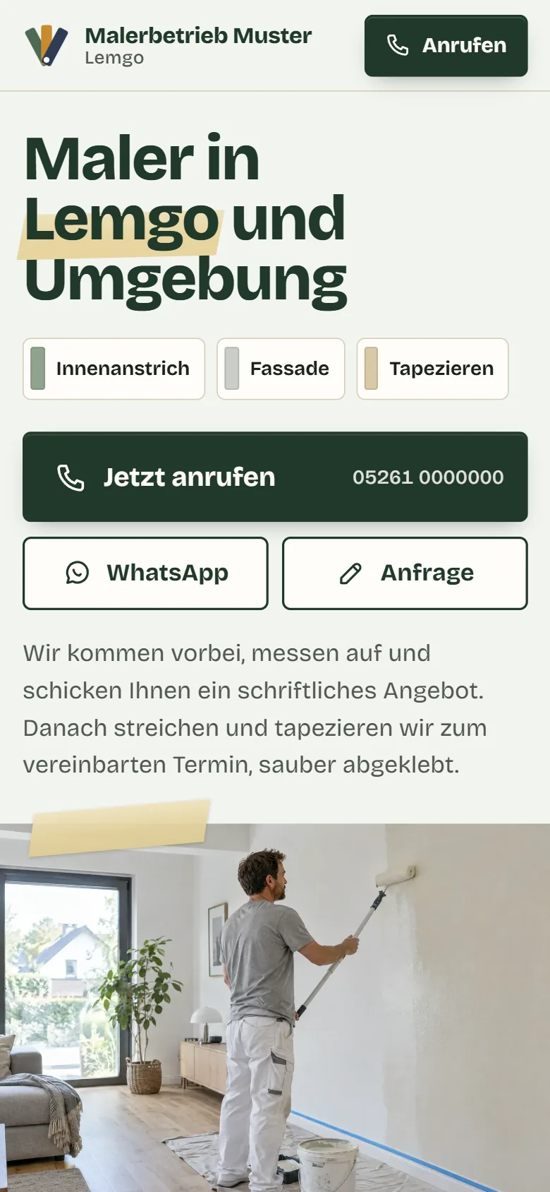 Handy-Startseite des ausgedachten Malerbetriebs Muster mit dem Knopf Jetzt anrufen