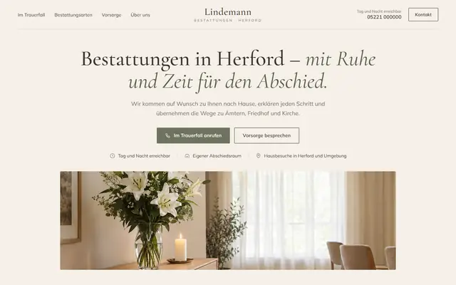 Beispiel-Entwurf: Startseite eines Bestattungshauses (ausgedachter Betrieb)