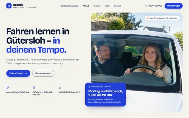 Beispiel-Entwurf: Startseite einer Fahrschule (ausgedachter Betrieb)