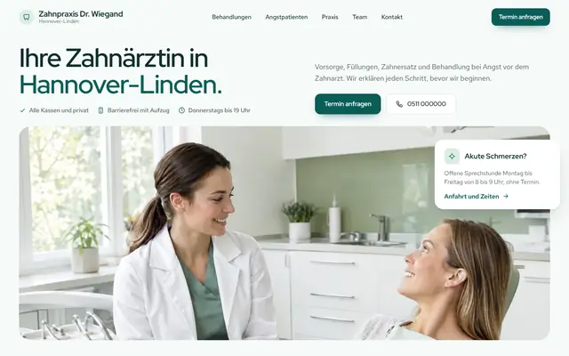 Beispiel-Entwurf: Startseite einer Zahnarztpraxis (ausgedachter Betrieb)