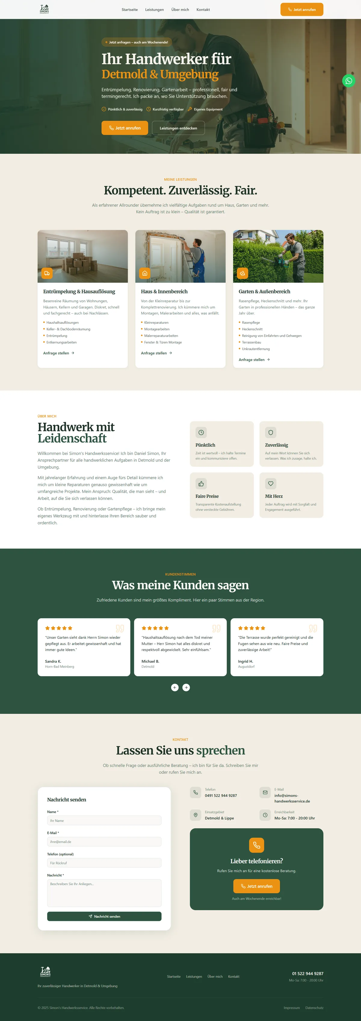 Neue Website von Simons Handwerksservice, komplette Seite am Rechner