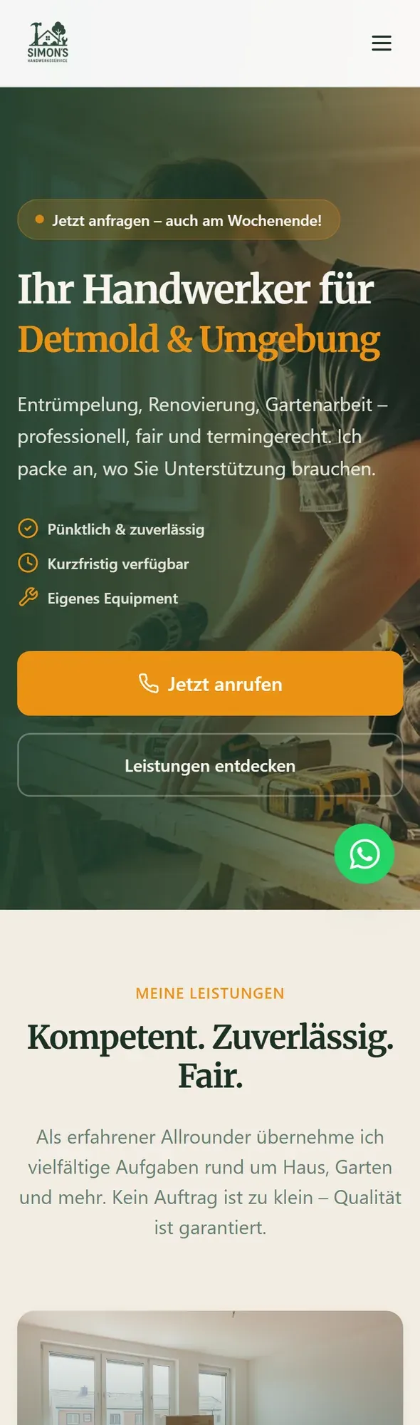 Neue Startseite von Simons Handwerksservice auf dem Handy