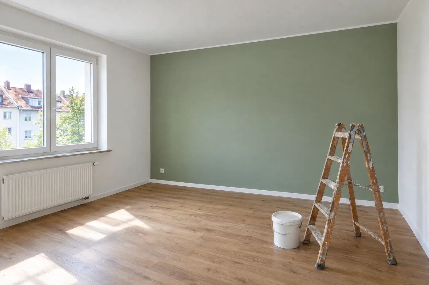 Frisch gestrichenes, leeres Zimmer mit einer salbeigrünen Wand, davor eine Holzleiter und ein Farbeimer.