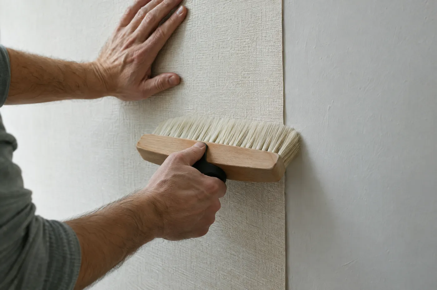 Zwei Hände streichen eine Bahn naturweiße Strukturtapete mit einer breiten Tapezierbürste an die Wand.