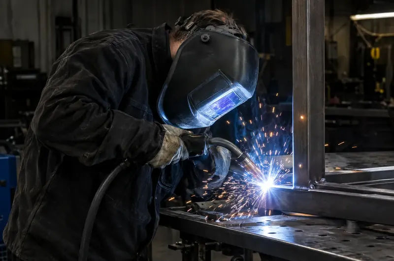 Schweißer mit Schweißhelm setzt eine Naht an einem Stahlrahmen auf dem Schweißtisch